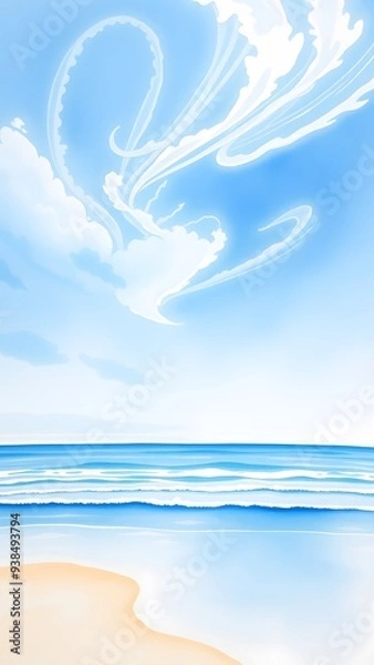 Obraz Dreamy Coastal Scene with Delicate Clouds and Gentle Waves - Watercolor Painting