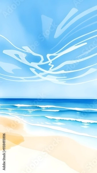 Obraz Dreamy Coastal Scene with Delicate Clouds and Gentle Waves - Watercolor Painting