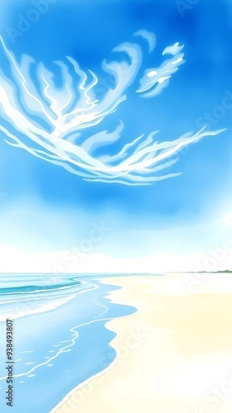 Obraz Dreamy Coastal Scene with Delicate Clouds and Gentle Waves - Watercolor Painting