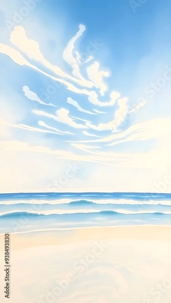 Obraz Dreamy Coastal Scene with Delicate Clouds and Gentle Waves - Watercolor Painting