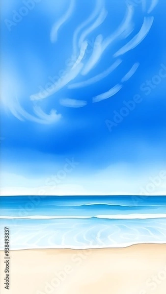 Obraz Dreamy Coastal Scene with Delicate Clouds and Gentle Waves - Watercolor Painting