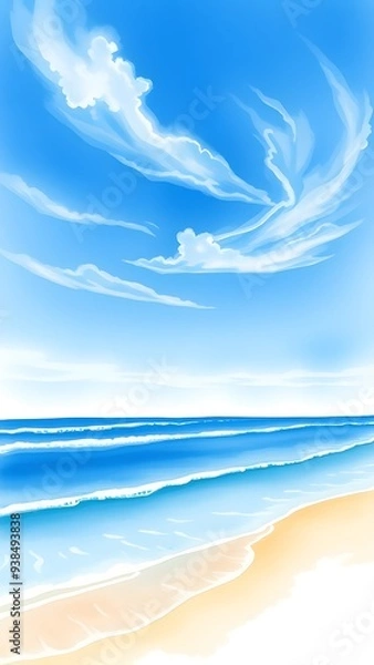 Obraz Dreamy Coastal Scene with Delicate Clouds and Gentle Waves - Watercolor Painting
