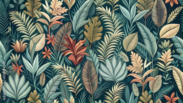 Obraz Seamless Pattern Featuring Small Tropical Leaves and Plants for a Lush and Vibrant Aesthetic, seamless pattern with leaves