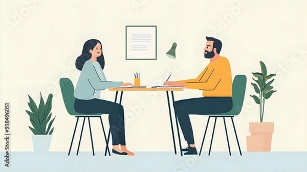 Fototapeta A rehabilitation counselor sitting at a desk, engaging with a client, both focused on discussing goals for recovery, light solid color background