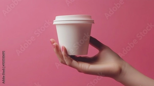 Fototapeta Female hand holding blank coffee cup for mockup on palm over pink background : Generative AI