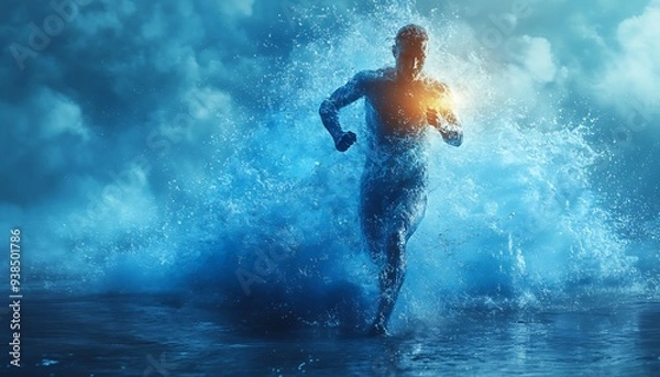 Obraz  The human body shape of a running man filled with blue water on a blue gradient background - sport or fitness hydration, healthy lifestyle or wellness concept design 