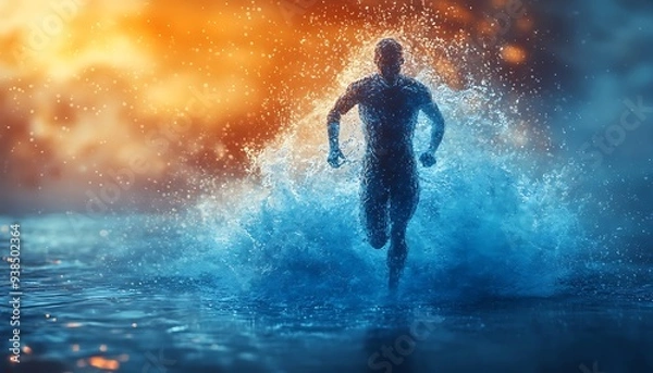 Fototapeta  The human body shape of a running man filled with blue water on a blue gradient background - sport or fitness hydration, healthy lifestyle or wellness concept design 