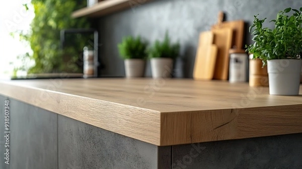 Fototapeta Modern grey and wood kitchen design in minimalist style : Generative AI