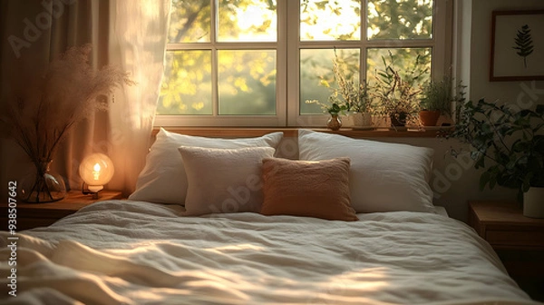 Fototapeta A cozy bedroom with a bed made with white linen sheets and pillows, a bedside table with a lamp, a window with green plants and natural light.