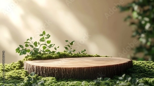 Fototapeta Wooden slice podium and green leaves on green moss on beige background Premium scene for product promotion beauty natural eco cosmetic Empty showcase display case : Generative AI