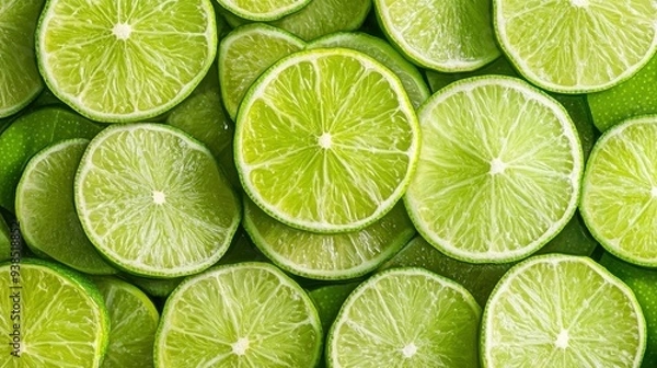 Fototapeta Fresh juicy lime slices as background, top view , ai