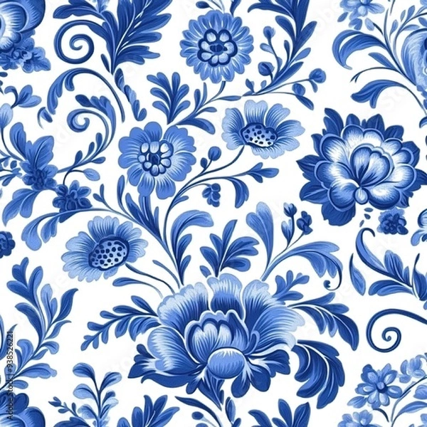Fototapeta Blue and white porcelain pattern, featuring floral and leaf motifs ，A traditional hand-painted seamless pattern featuring the classic Dutch Delft blue and white color scheme.