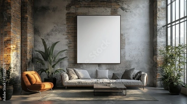 Fototapeta A living room with a white wall and a large empty frame