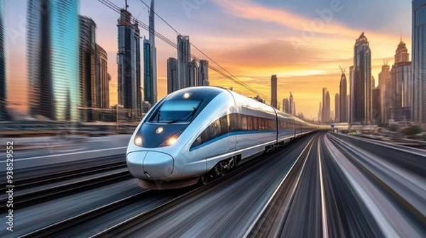 Obraz High-Speed Train Zooming Through Modern Cityscape at Sunset