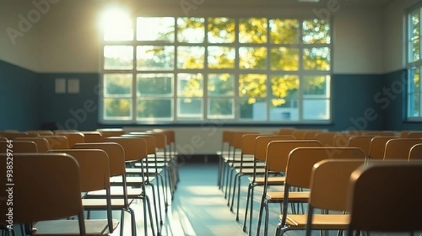 Fototapeta Empty classroom with chairs Conference room Back to school Indoor : Generative AI