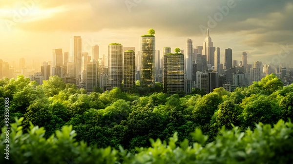 Fototapeta Cityscape with a forest in the foreground and sunset in the background.