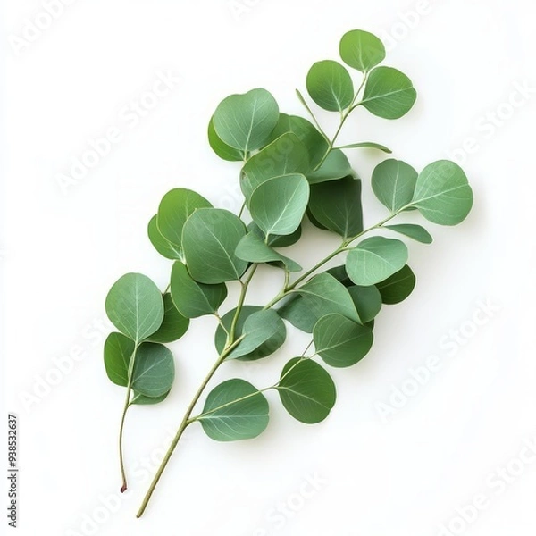 Fototapeta close up of eucalyptus green leaves isolated on white background