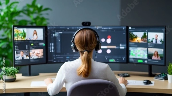 Obraz Woman Editing Video Content on Multiple Monitors
