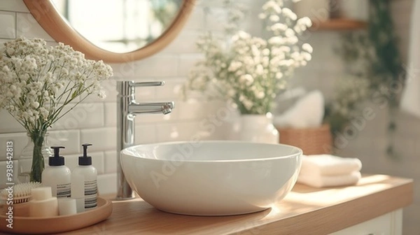 Fototapeta Bathroom sink table with empty stand and morning hygiene accessories : Generative AI