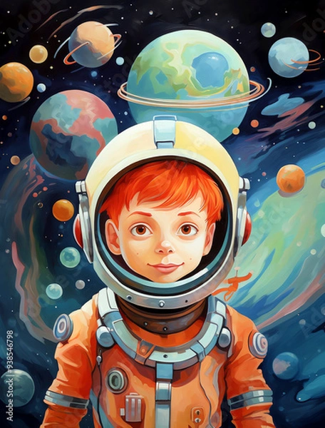 Fototapeta A young boy with red hair, wearing an astronaut suit, surrounded by planets and stars against a space background