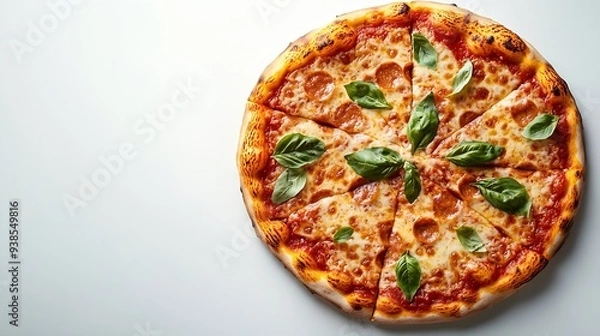 Fototapeta Top view of margherita pizza on a white background : Generative AI
