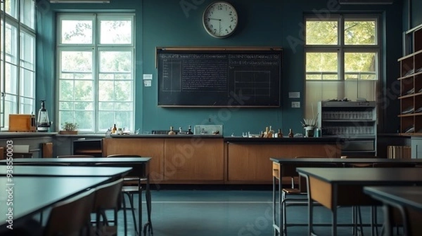 Fototapeta Empty classroom for biology lesson on secondary school : Generative AI