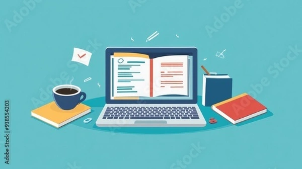 Fototapeta E-learning concept with a laptop open to an educational platform, surrounded by notebooks and coffee