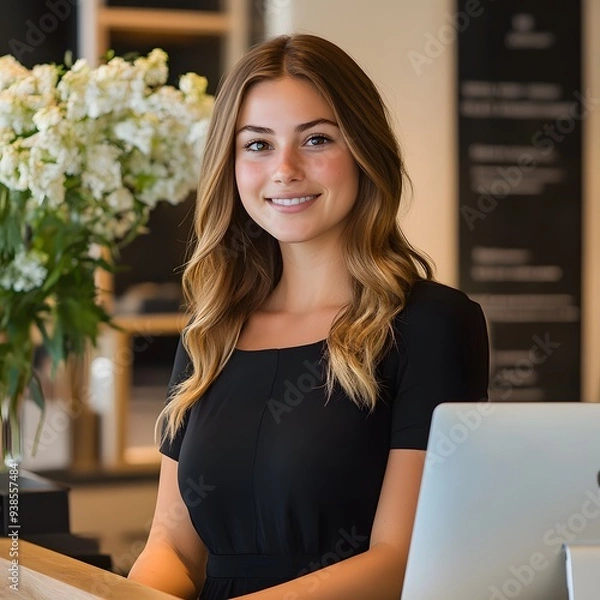 Obraz The Welcoming Smile of Customer Service: A young woman radiates warmth and competence behind a reception desk, embodying the spirit of service and hospitality. 