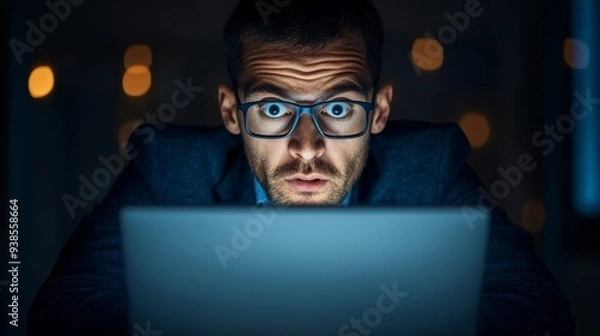 Obraz Tension in the Shadows: Businessperson Watching Fraudulent Transactions on Laptop in Dimly Lit Office