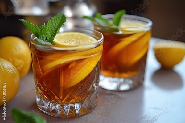Fototapeta Cold iced tea with mint garnish and sliced lemons