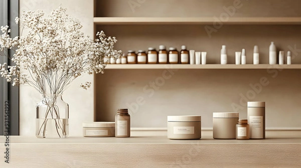 Fototapeta Minimalist bathroom with skincare products and dried flowers on a wooden counter.
