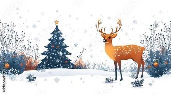 Obraz Modern Christmas card with abstract patterns, featuring a Christmas tree, deer, and decorative frames with space for greetings on a white backdrop