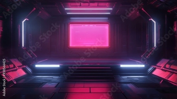Fototapeta Futuristic Neon Lit Corridor with Pink and White Lights 3D Render.