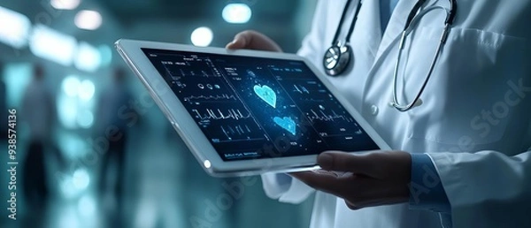 Fototapeta A General Practitioner utilizing AI-driven diagnostic tools to analyze a patient's symptoms in real-time during a consultation, showcasing innovation in primary care