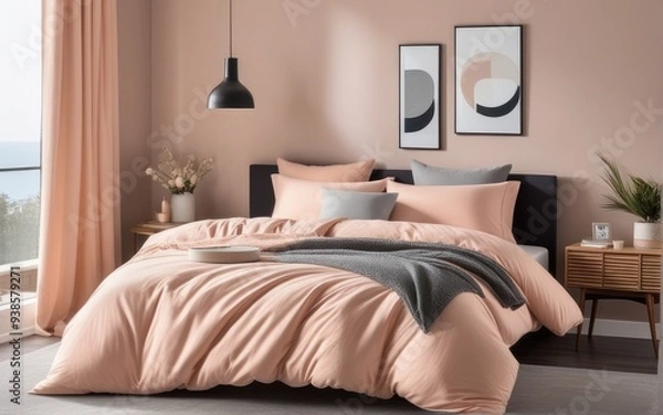 Fototapeta A comfy bedroom with a bed dressed in soft peach fuzz color bedding. Modern trendy tone hue shade