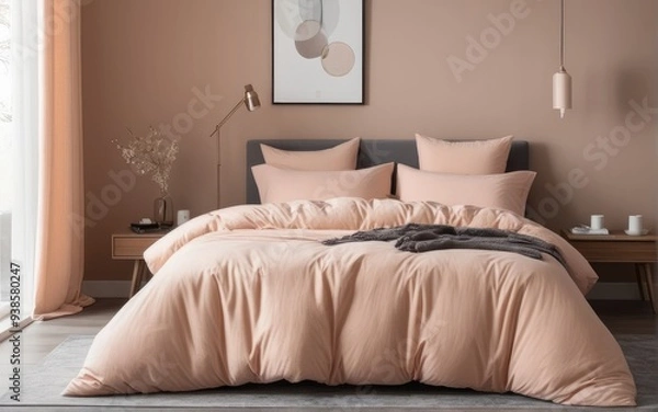 Fototapeta A comfy bedroom with a bed dressed in soft peach fuzz color bedding. Modern trendy tone hue shade