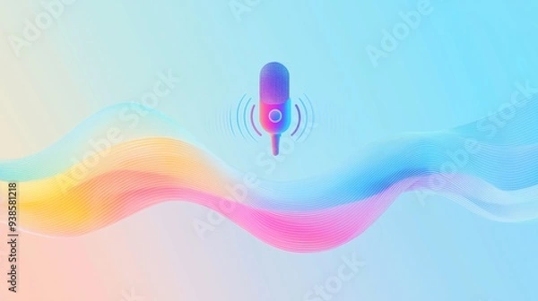 Fototapeta Dynamic voice search interface with vibrant sound waves and a microphone icon on a blue background, representing audio energy and movement in modern web and mobile design.