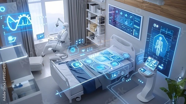 Fototapeta modern hospital room with advanced technology future of healthcare. The room features digital screens medical devices virtual assistant for providing patients personalized care diagnostics.