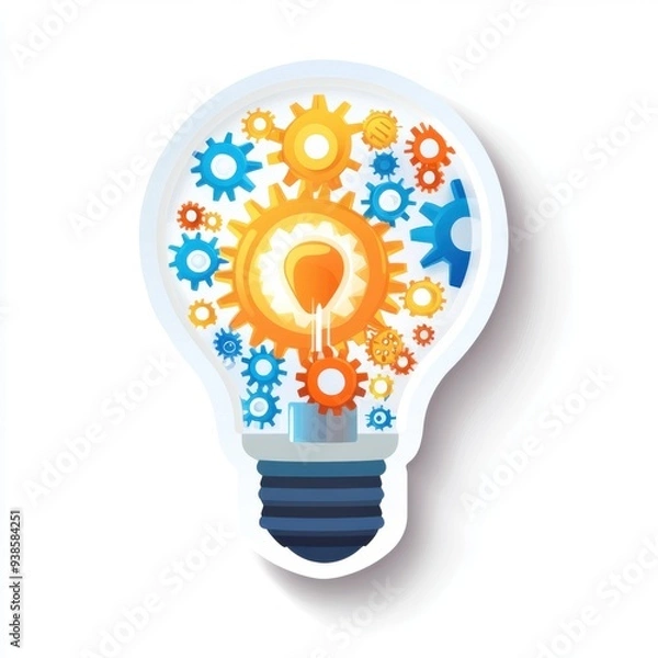Fototapeta Sticker of a lightbulb with gears in circle shape, flat vector illustration, on white background, digital sticker, clipart, icon 