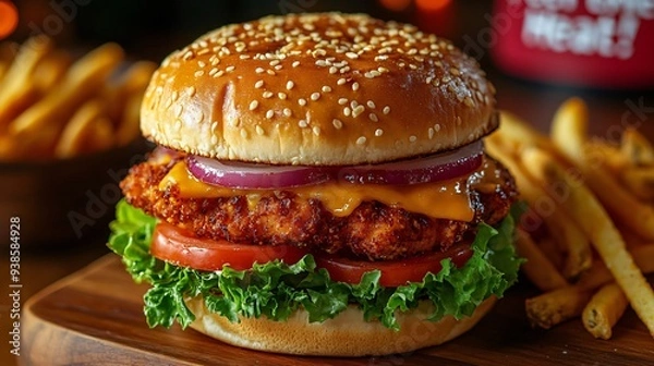 Fototapeta Delicious crispy chicken burger with lettuce, onion, tomato and cheese is waiting on a wooden table