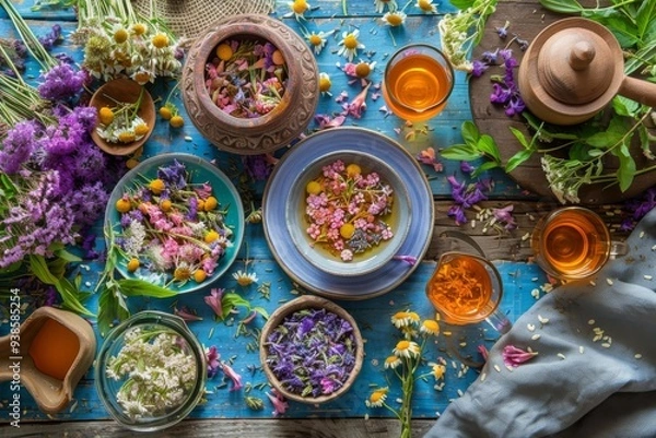 Fototapeta A table with a variety of flowers and teas, including a teapot
