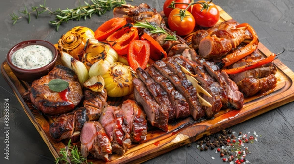 Fototapeta A mouthwatering barbecue platter with an assortment of meats, bursting with vivid colors.