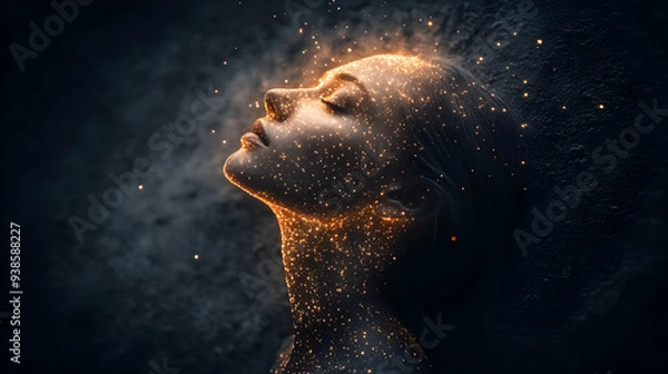 Fototapeta Woman's face illuminated by shimmering light.