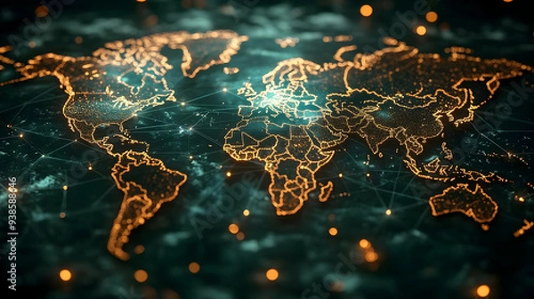 Fototapeta World map with glowing dots and lines connecting continents, depicting global connectivity.