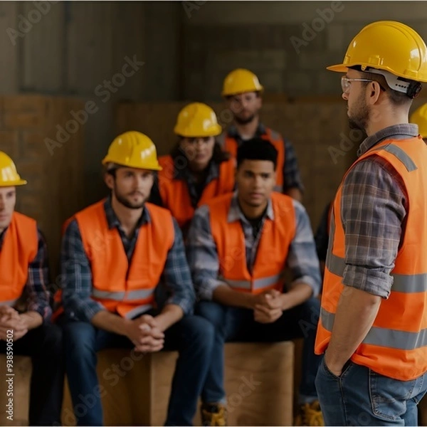 Fototapeta "A Worker in the Foreground Wearing a Yellow Helmet and Orange Vest, Facing a Group of Workers in Safety Gear, Attending a Construction Safety Training Session,  Safety Protocols and Training