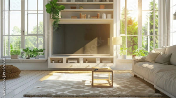 Fototapeta A sparkling clean TV room with a large screen, tidy shelves, and warm sunlight streaming through the windows.
