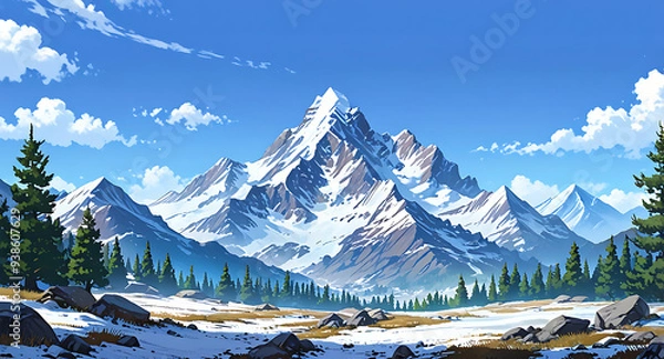 Fototapeta A serene mountain landscape with snow-capped peaks, a clear blue sky, and a distant village, designed for an adventure game backdrop.