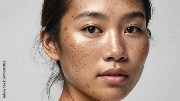 Obraz Close-up face of attractive young Asian woman with melasma (hyperpigmentation caused by hormonal changes)  freckles or dark spots caused by genetics and sun exposure, white background
