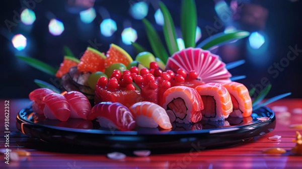 Fototapeta Colorful and delicious Japanese food with natural, realistic lighting