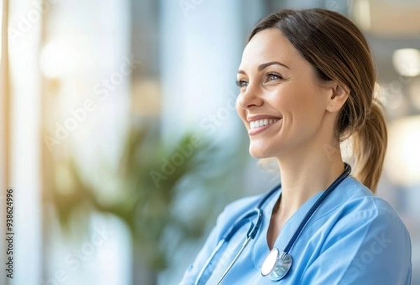 Obraz Close-up of healthcare worker s face in profile, smiling, warmly lit background, compassion, care